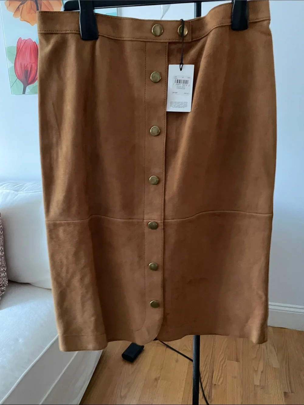 Coach Camel Suede Button-Front Midi Skirt